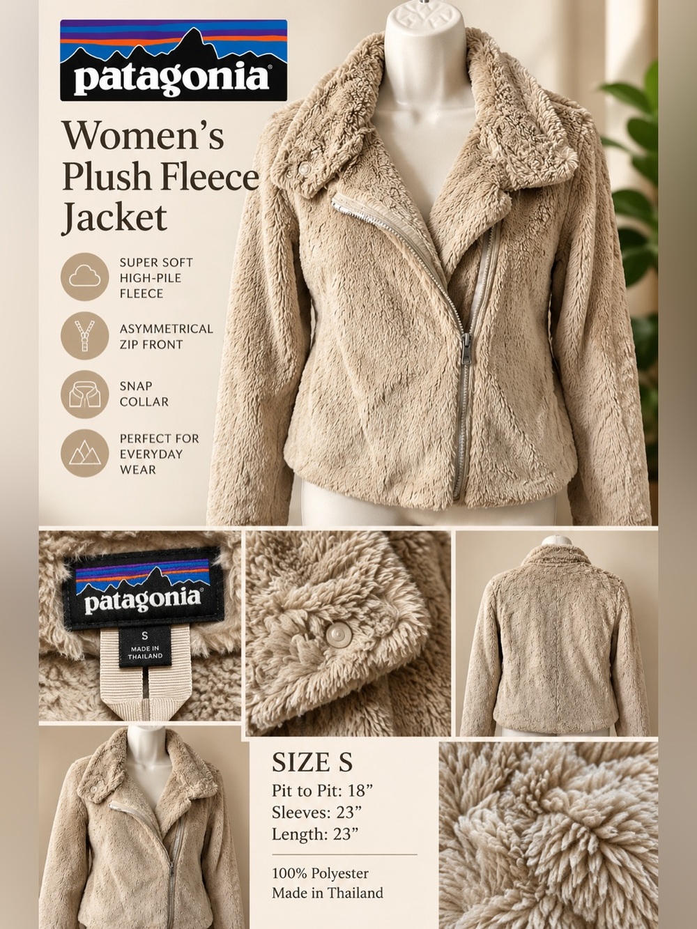 Patagonia Women’s Plush Fleece Jacket Size S Beige Zip Cozy